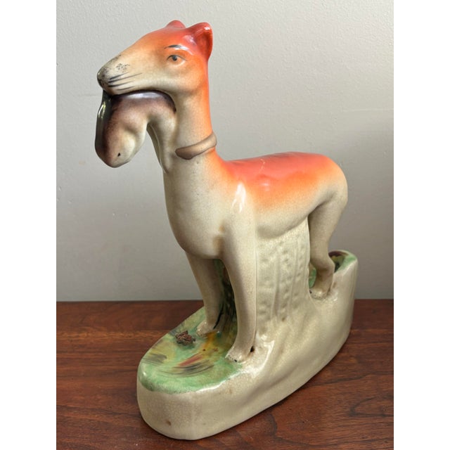 Farmhouse Vintage Staffordshire Style Whippet Dog With Fish For Sale - Image 3 of 9