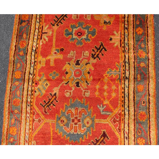 Red and Light Blue Wide Antique Turkish Oushak Gallery Runner For Sale - Image 12 of 18