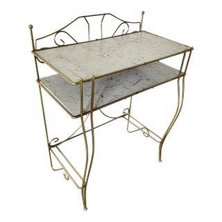Hollywood Regency Mid Century Pearl-Wick Brass Bathroom Toiletry Stand With Marbleized Shelving For Sale