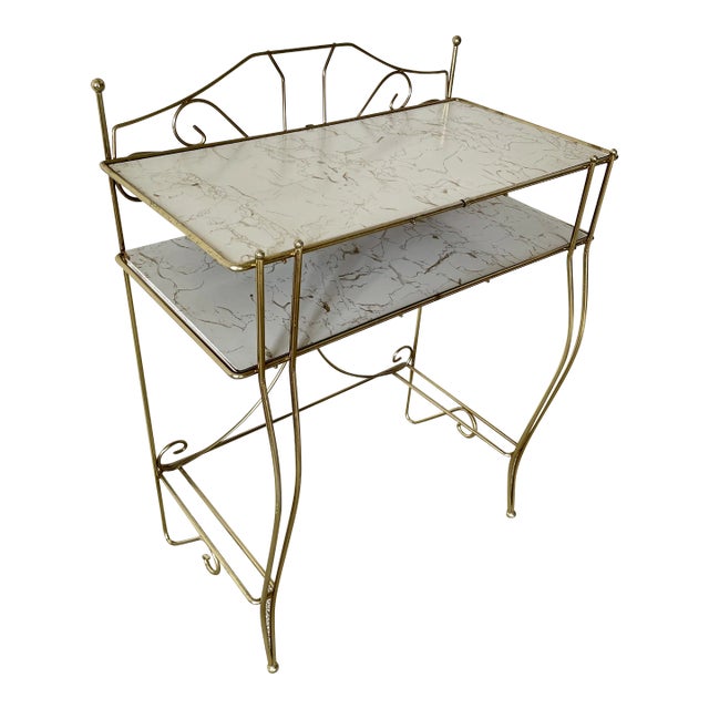 Hollywood Regency Mid Century Pearl-Wick Brass Bathroom Toiletry Stand With Marbleized Shelving For Sale