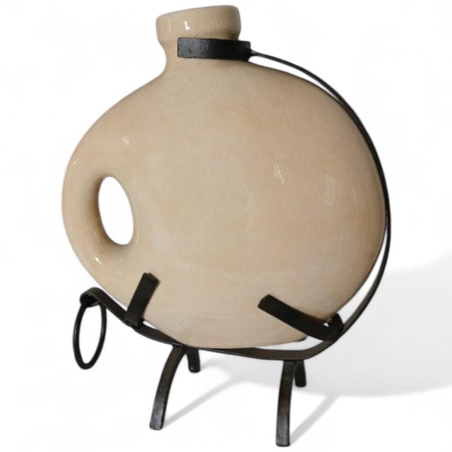 Late 20th Century Large Off-White Decorative Handled Urns With Cast Iron Stands - Set of 2 For Sale - Image 4 of 11