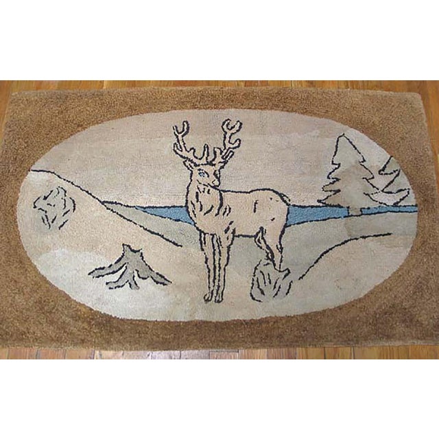 American 1930s Ivory Brown Animalia Folk Art Antique American Hooked Rug Hand Knotted 2'0" X 3'4" Wool Carpet For Sale - Image 3 of 4
