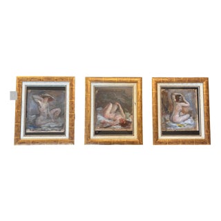 Triptych of Nudes, 1890s-1910s, Gouaches, Framed, Set of 3 For Sale