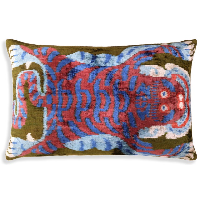"Handcrafted using authentic silk velvet from Turkey &amp; Uzbekistan Features a rare Ikat-inspired tiger motif in red,...