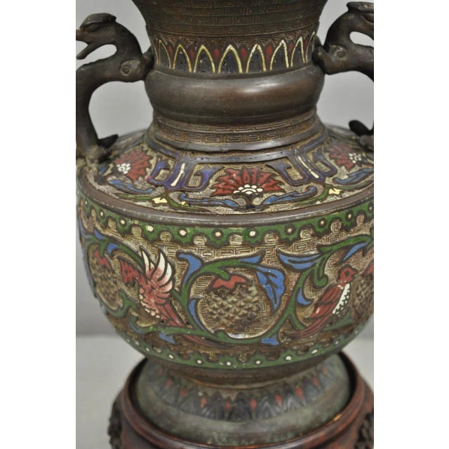 Early 20th Century Antique Chinese Porcelain Enamel Bronze Oriental Cloisonne Champleve Table Lamp For Sale - Image 5 of 12