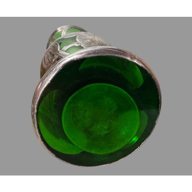 Antique Art Nouveau Sterling Silver Overlay Green Art Glass 8" Vase For Sale - Image 6 of 12