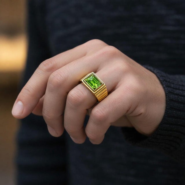 Metal Art Deco Signet Ring for Men With Peridot, Silver, Gold, Size 10 For Sale - Image 7 of 7