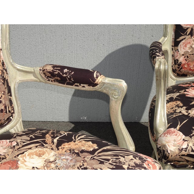 Wood Pair Vintage French Provincial Floral Arm Chairs W Silver Frames For Sale - Image 7 of 12