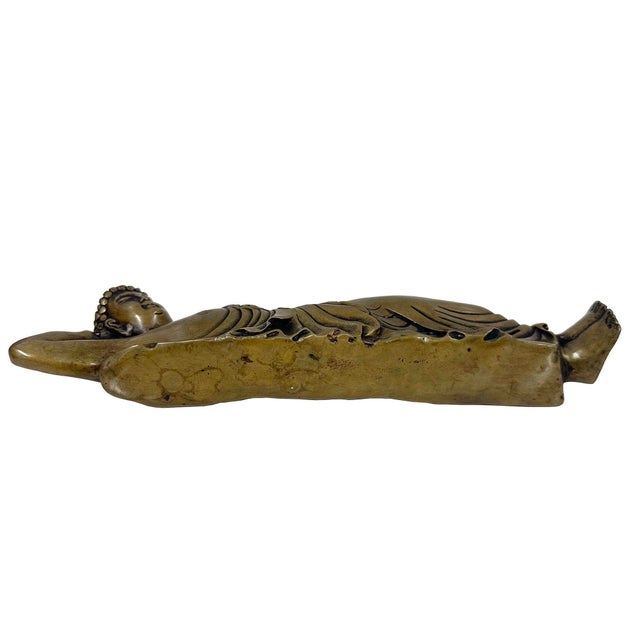 20th Century Antique Chinese Handcrafted Brass Reclining Buddha Statue For Sale - Image 9 of 9
