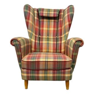 1950s Mid Century Lounge Chair Traditional Swedish Wingback Armchair in Vintage Plaid Upholstery For Sale
