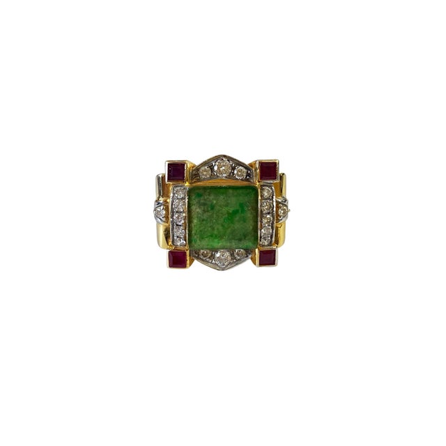 1920s Art Deco 22k Gold Ring W/Jadeite Jade /Ruby/Diamond Size 7 For Sale - Image 5 of 11