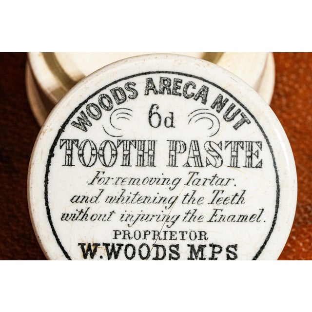 Wonderful Woods Areca Nut Antique Porcelain Lidded Pot Jar Advertising Toothpaste Bathroom Vanity Home Decor For Sale - Image 4 of 8