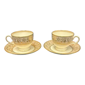 Vintage Wedgwood Gold Florentine Bone China Leigh Shaped Footed Cups and Saucers for Two - 4 Pieces