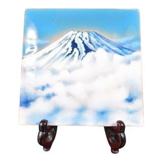 1950s Japanese Ando Cloisoinne Mt Fuji Enamel Turquoise Blue White Clouds Tray Plate Square Wall For Sale