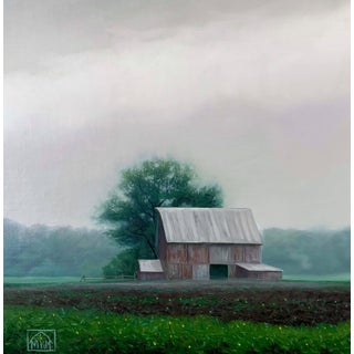 Barn in the Rain by Michael Miller | Oil on panel of a barn in a rainy landscape For Sale