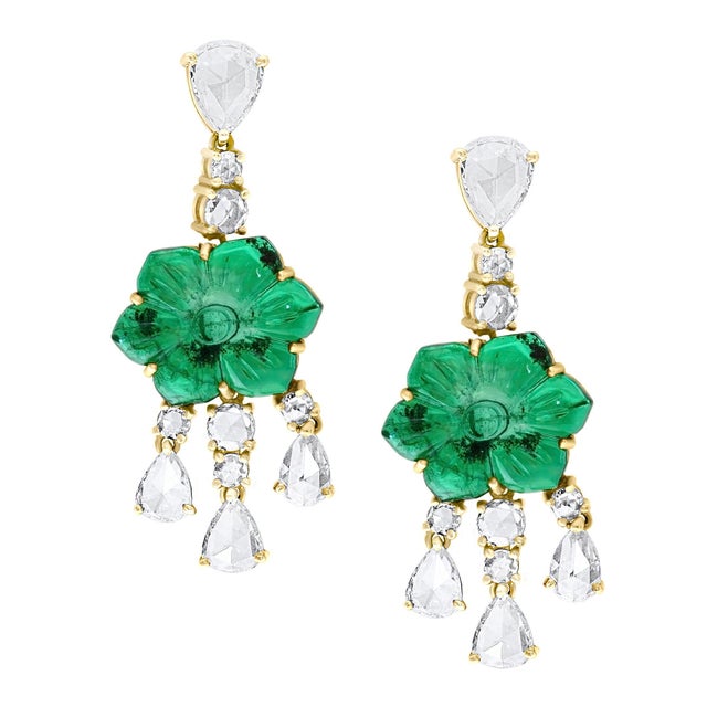 12Ct Carved Emerald & 5 Ct Rose Diamond Dangling Post Earrings 22 Kt Yellow Gold For Sale - Image 15 of 18