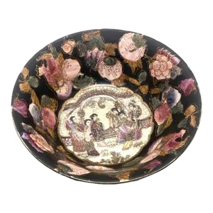 Vintage Andrea by Sadek Crackle Glaze Hand Painted Bowl - Ancient Chinese Girls in Center, Multicolor Fruit in Black, Gold Accent & Trim