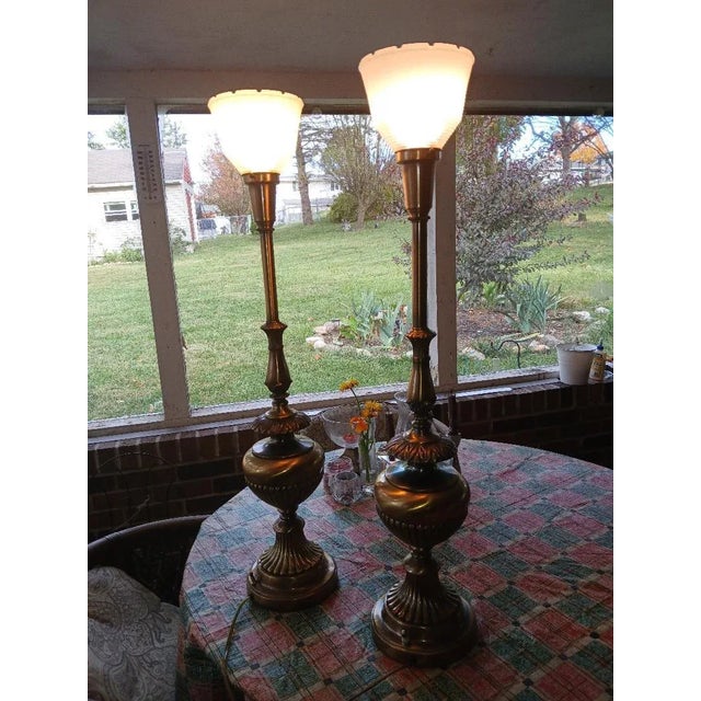 Vintage Brass Torchiere Table Lamps, a Pair For Sale - Image 9 of 12