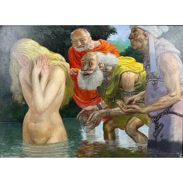 A dramatic and highly detailed figurative oil painting depicting a narrative scene of a nude female figure standing in...