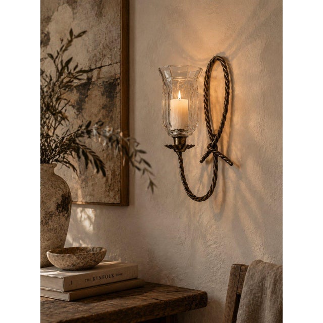 Vintage Homco Home Interiors Brass Twisted Rope Glass Candle Holder Wabi Sabi For Sale - Image 4 of 4