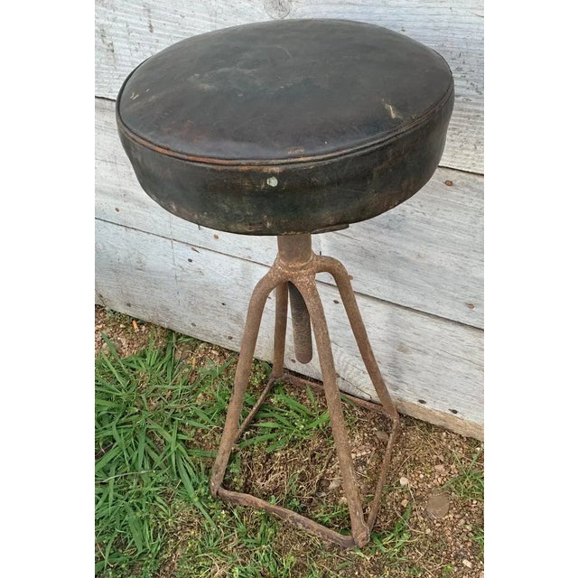 Vintage French Industrial Adjustable Stool | 1930s Iron Swivel Stool With Black Leather Seat For Sale - Image 4 of 5