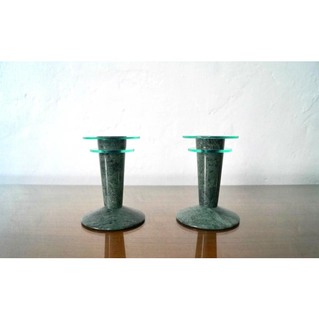 Pair of 1980's Memphis style candlesticks for sale. Made of solid marble and lucite, and in excellent condition. The...