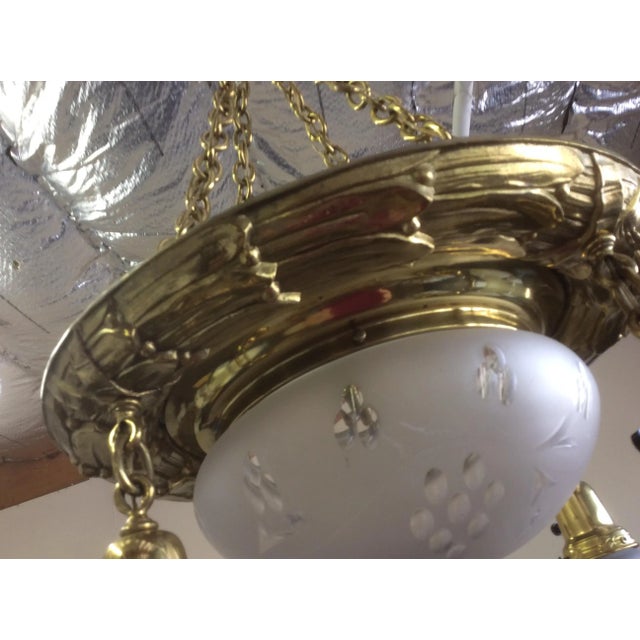 1900 - 1909 Victorian Brass and Frosted Cut Crystal Chandelier For Sale - Image 5 of 11