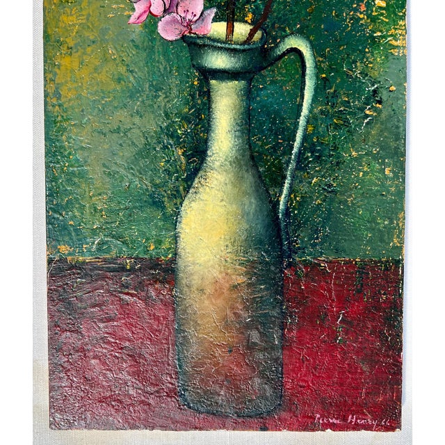 Pierre Henry, French Surrealism Oil Painting Pierre Henry Surrealist Color Flowers in Vase, 1966 For Sale - Image 10 of 12