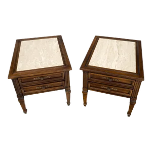 Pair Vintage Travertine Tops Cherry or Walnut Two Drawers End Tables Nightstands