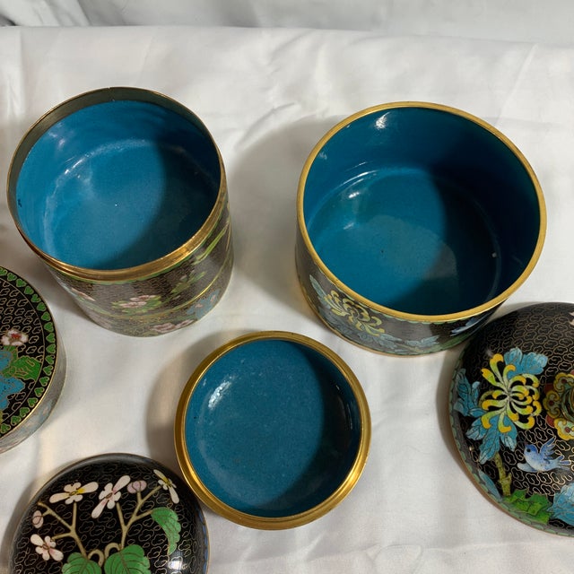 Vintage Chinese Cloisonné Trinket Box Trio – Black Enamel & Floral For Sale - Image 9 of 9