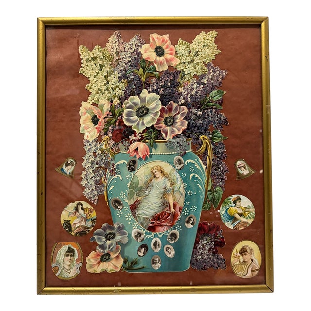 Antique Victorian Scrapwork Floral Chromolithograph Collage Framed Folk Art For Sale