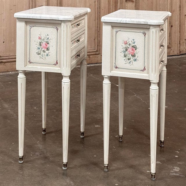 Late 20th Century Pair French Louis XVI Painted Side Tables ~ Nightstands With Carrara Marble For Sale - Image 14 of 18