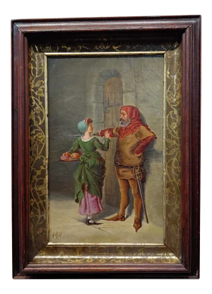 18th Century Oil Painting, Renaissance Mistress Stopped by an Armed Guard While Bringing Food