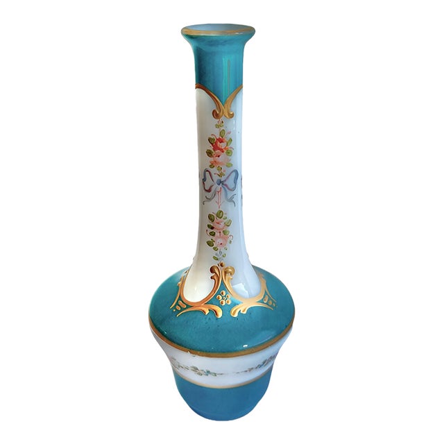 Antique French Opaline Glass Bud Vase With Gilt Lip, Bows & Flowers, 1900, Paris For Sale