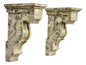 Late 20th Century Victorian Carved Wood Blue & White Distress Painted Corbel Wall Bracket - A Pair