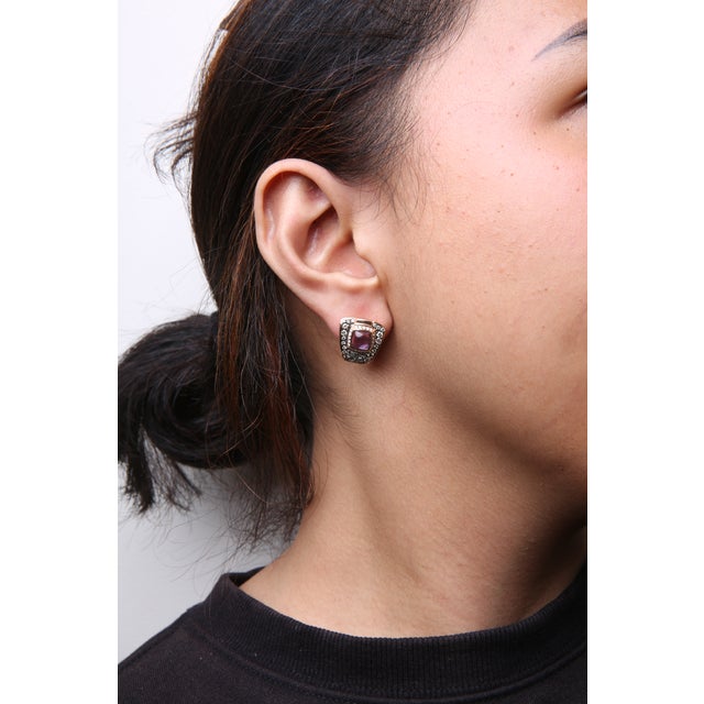 18K Rose Gold 1 1/2 Cttw Round Diamond and 7mm Cushion Cut Purple Amethyst Gemstone Geometrical Statement Stud Earrings For Sale - Image 4 of 5