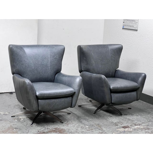 Pottery Barn Wells Indigo Leather Swivel Recliners, a Pair Chairish
