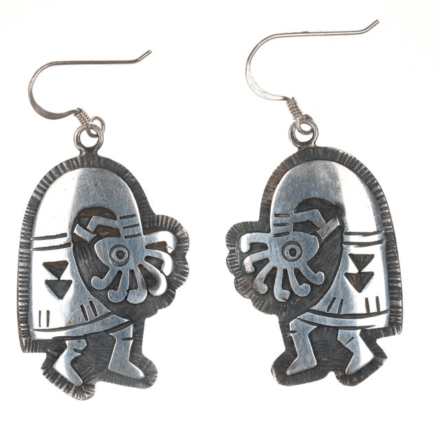 large Clement Honie Hopi overlay sterling Kokopelli earrings. From the last quarter of the 20th century, no issues....