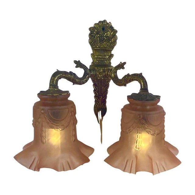 Antique Art Deco Wall-Mounted Lamp with Brass Base and Pink Satin Glass Shades For Sale - Image 11 of 11