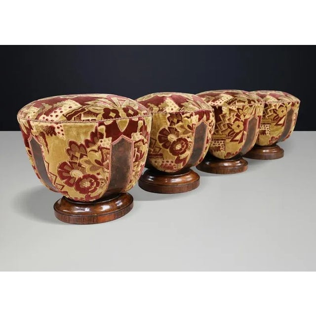 Vintage Italian Art Deco Walnut and Velvet Poufs, 1930s, Set of 4 For Sale - Image 6 of 18