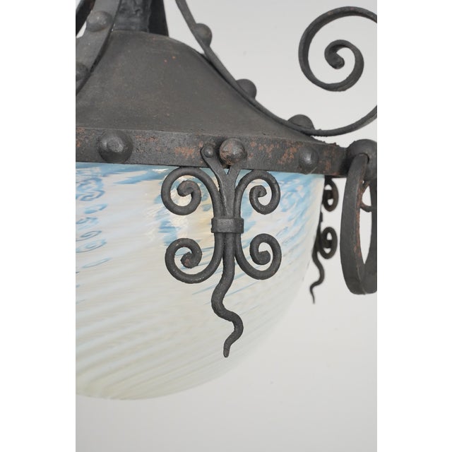 Mid 20th Century Restored Spanish Revival Wrought Iron Opalescent Glass Pendant Light For Sale - Image 4 of 12