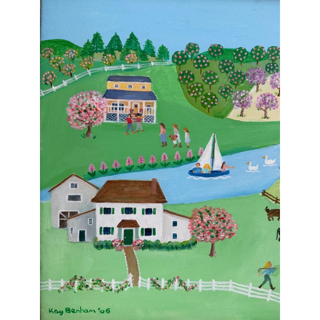 A Country Folk Art Rural Farm Scene Signed Kay Benham 06 Oil on Canvas For Sale - Image 4 of 6