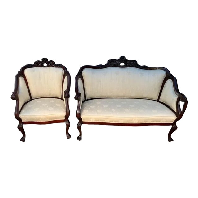 Early 20th Century Antique Victorian Style Carved Walnut Parlor Set, Loveseat and Lounge Chair For Sale