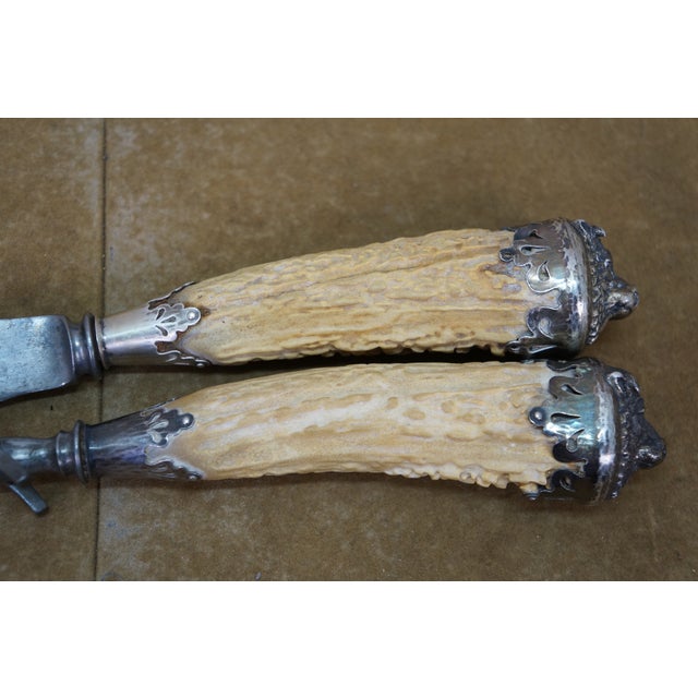 Antique Sterling Silver Antler Stag Horn Cows Head Fork & Knife Meat Carving Set 15" For Sale - Image 10 of 16