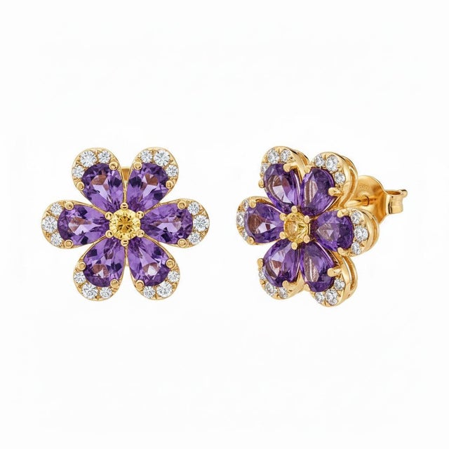 Modern Flower Earrings Studs With Amethyst and Citrines, Silver, Gold, Pair For Sale - Image 3 of 7