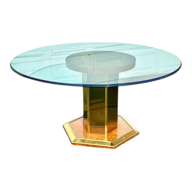1970s Vintage Dining Table Attributed to Henredon in Burled Wood and Brass With Glass Top For Sale