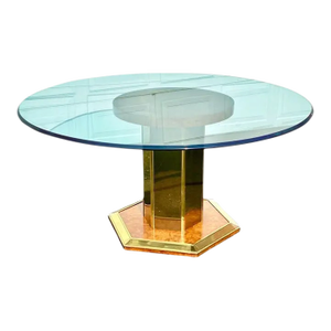 1970s Vintage Henredon-Style Burled Wood and Brass Dining Table With Glass Top