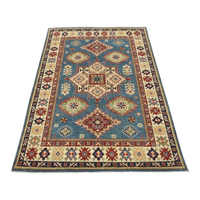 Kazak Rug 5′ X 6’8” Blue Wool Tribal Hand-Knotted Oriental Carpet For Sale