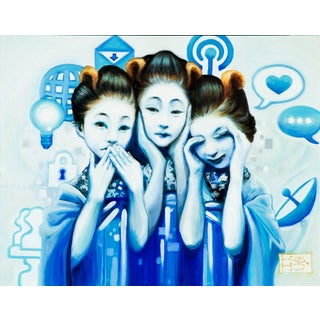 Three Wise Monkeys for Harry by Kelly Houghton | Oil Painting of three figures in traditional attire. For Sale