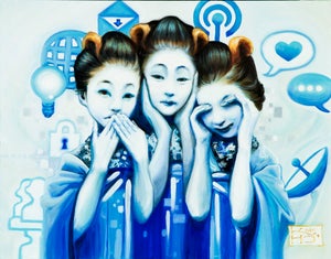 Three Wise Monkeys for Harry by Kelly Houghton | Oil Painting of three figures in traditional attire.